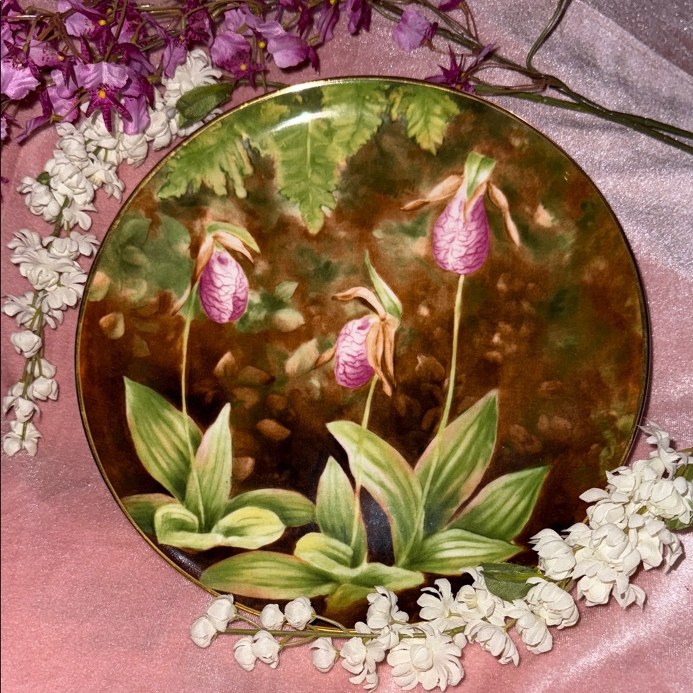 Floral Decorative Plate with Pink and Green Design "The Lady’s Slipper"